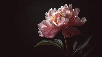   A pink close-up flower on a dark backdrop with a green foreground plant