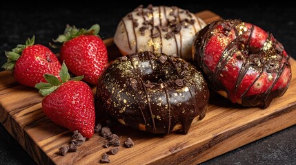   A wooden cutting board with three chocolate-covered donuts topped with sprinkles and strawberries