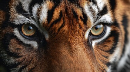   A tiger's face, close-up view, showing brown and black stripes on its skin and blue eyes