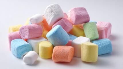 A vibrant assortment of marshmallows in various colors including pink blue yellow and white stacked together on a clean surface inviting for treats and desserts.
