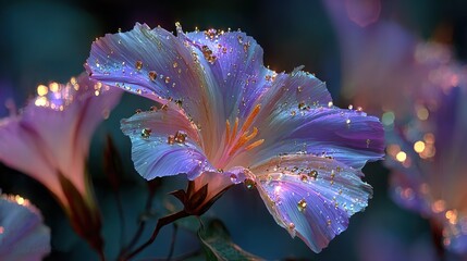   A zoomed-in photo of a vivid purple bloom with droplets of water on its petals and an out-of-focus backdrop