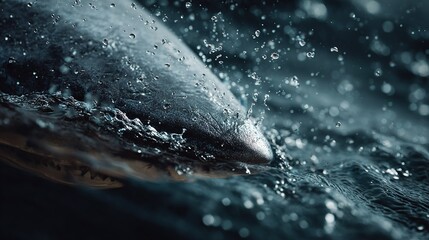   A close-up of a shark's mouth with water droplets on the water's surface