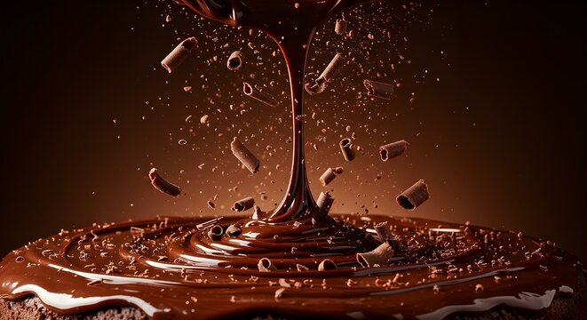 Indulge your senses with flowing chocolate and shavings on a decadent cake treat