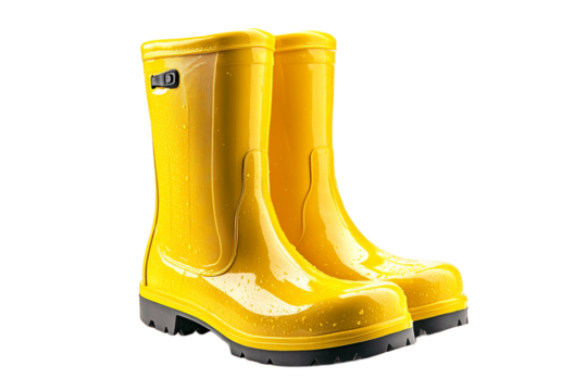 Vibrant yellow rubber rain boots with water droplets on transparent background