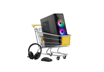 Chrome wire shopping cart, yellow handle, holds sleek black gaming PC with RGB, mouse, headset, on solid transparent background, commercial gaming product concept.