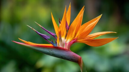 Obraz premium A stunning bird of paradise flower displays vibrant orange and purple petals in a green garden. Sunlight illuminates its unique shape among foliage creating a beautiful scene.