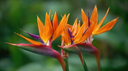 Vibrant bird of paradise flowers showcase their colorful petals in a lush garden. Green foliage surrounds the bright orange and purple blooms during a sunny afternoon.