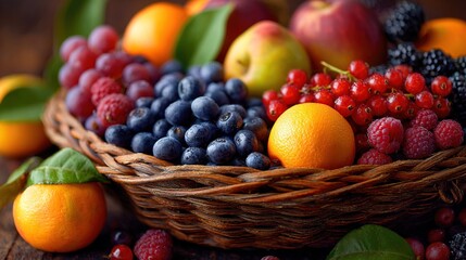   A basket of mixed fruits-berry, orange, apple, pear-rests on a nearby table