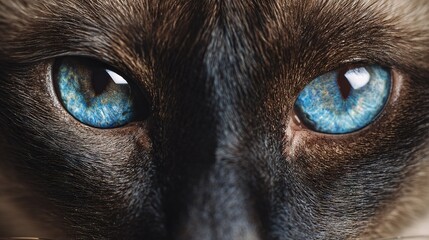   A close-up of a cat's eyes with blue and brown fur on its head is adorable!