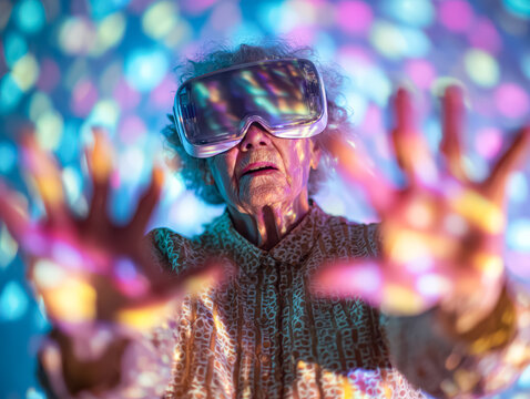 Elderly woman experiencing virtual reality with colorful lights and vibrant atmosphere in background - Powered by Adobe