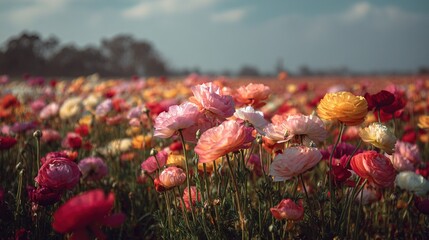  A field of vibrant blooms against a cerulean sky