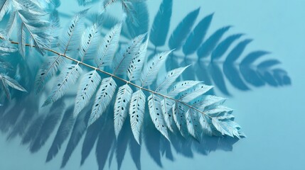    a leaf on a blue backdrop, featuring a shadowy arrangement of foliage on the left edge