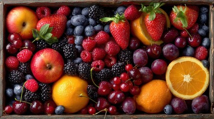   A wooden box containing assorted fruits like oranges, raspberries, and strawberries