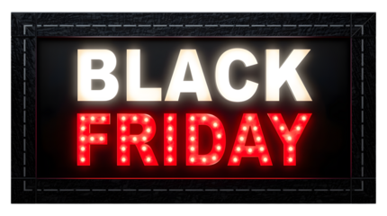 Black friday sale sign with illuminated marquee lights and dark border isolated on transparent background