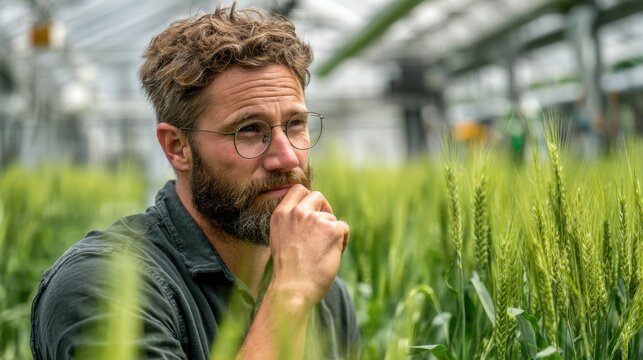 A man with glasses and a beard sits in a greenhouse surrounded by tall wheat plants thoughtfully considering modern farming techniques and crop growth.