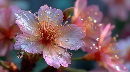   A detailed image of a pink flower featuring water droplets on its petals and an indistinct background