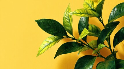   Close-up photo of a green-leafed plant against a bright yellow backdrop, featuring a subtle shadow of the plant on the right
