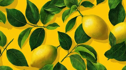   A cluster of lemons adorned with green foliage against a golden backdrop, featuring repeating patterns of green leaves