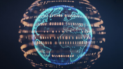 A digital globe with binary code floating around it on a dark blue and black background image