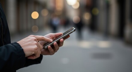 Close-up of hands interacting with a modern smartphone on a bustling city street with bokeh lights