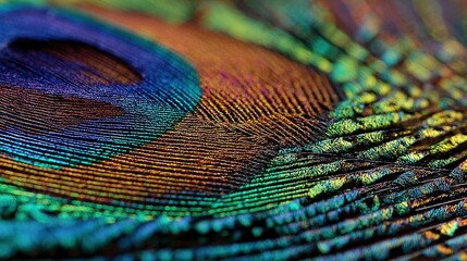   A close-up view reveals multicolored feathers on a peacock
