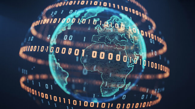 A digital earth globe surrounded by binary code rings in a dark blue and orange color scheme