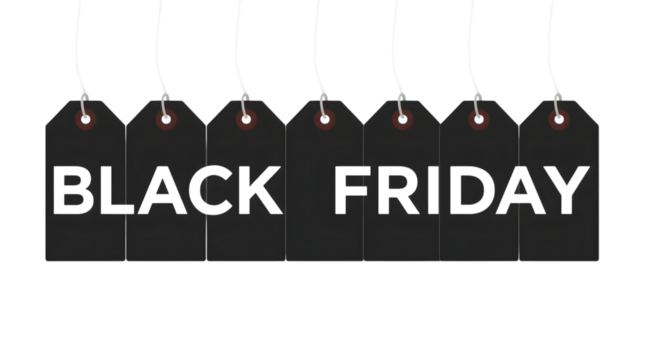 Black friday sale tags hanging on string isolated on transparent background