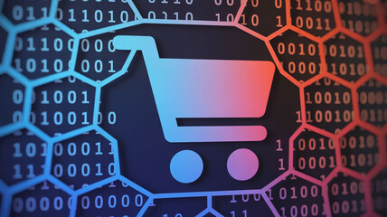 Shopping cart icon overlayed on binary code with a hexagonal pattern in shades of red and blue