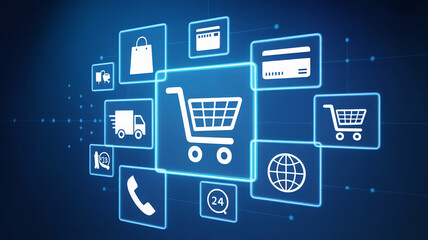 Digital online shopping concept with icons of a shopping cart and delivery truck on a blue background