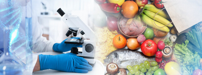 Laboratory food analysis. Expert using microscope, multiple exposure with different products and laboratory glassware