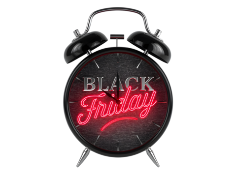 Black friday alarm clock with neon text isolated on transparent background