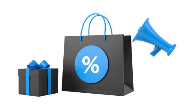 Black shopping bag with a percentage symbol, gift box, and megaphone isolated on transparent background