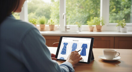 Woman browsing dresses on a tablet in a bright kitchen with a cup of coffee on the table nearby