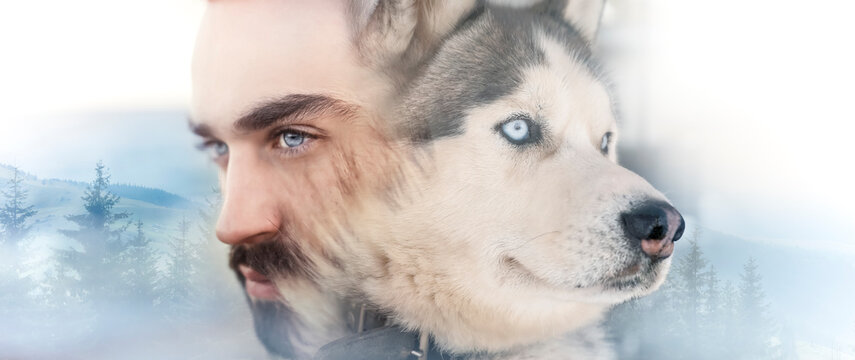 Shaman and his inner power animal, double exposure. Mysterious man and dog against mountain landscape, collage - Powered by Adobe