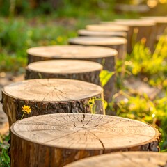 Wooden stumps form a pathway through a green grassy garden, sunlit