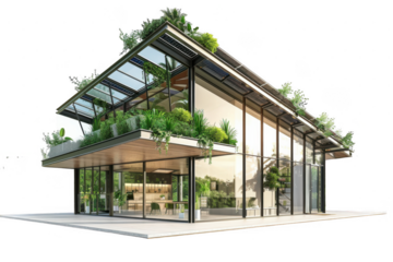 Modern Eco- Friendly House with Green Roof and Solar Panels on a Transparent Background