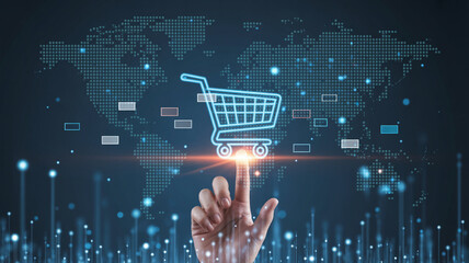 Hand touching glowing shopping cart icon on digital world map with abstract data visualization
