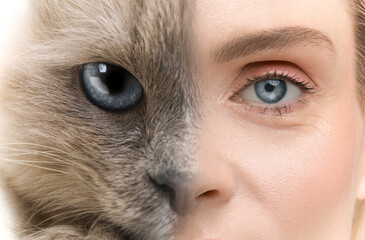 Woman with half face as cat, double exposure. Collage