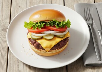 Cheeseburger with Fresh Vegetables on a White Plate - Close-Up Food Photography