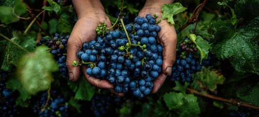 The Grapes Cradled in Farmer Hands After Morning Harvest Among Dewy Vineyard Leaves