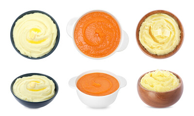 Mashed food texture. Potato puree and cream soup isolated on white, collage