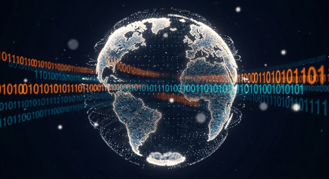 Digital earth globe with binary code flowing across it on a dark blue background with white particles - Powered by Adobe