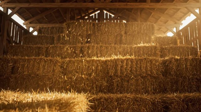 Stacked hay bales in rustic barn with golden sunlight. Agricultural storage in rural setting. Documentary footage of farm life and harvest preservation.