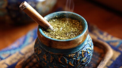 A vibrant mate cup made of ceramic holds finely ground yerba mate with steam rising from the surface. A metal bombilla rests elegantly in the cup inviting a warm drink experience.