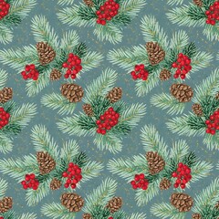 Seamless pattern with pine branches, pine cones, and red berries with green leaves on a light beige background, hand-drawn.