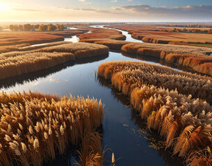 Autumn River and Reeds &ndash; Peaceful Seasonal Landscape with Golden Tones
