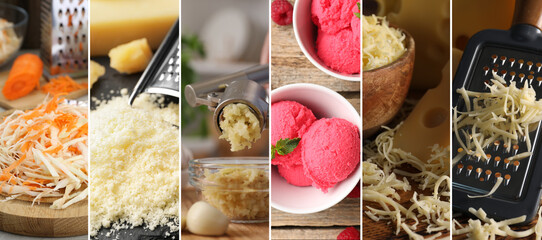 Minced, mashed and chopped food texture. Grated cheese, shredded vegetables and pressed garlic,...