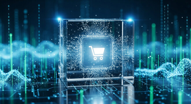 Glowing shopping cart icon inside a transparent cube with digital background and binary code streams