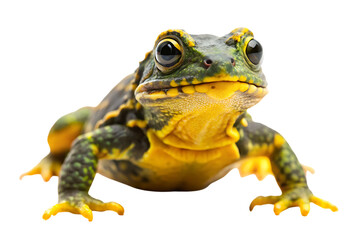Green and yellow frog, with bulging eyes, cutout, PNG, isolated on white or transparent background, AI