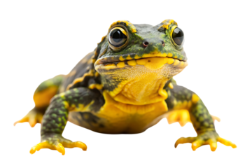 Green and yellow frog, with bulging eyes, cutout, PNG, isolated on white or transparent background, AI